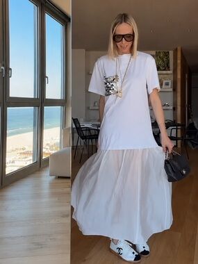White Maxi T-Shirt Dress with Sequin Pocket